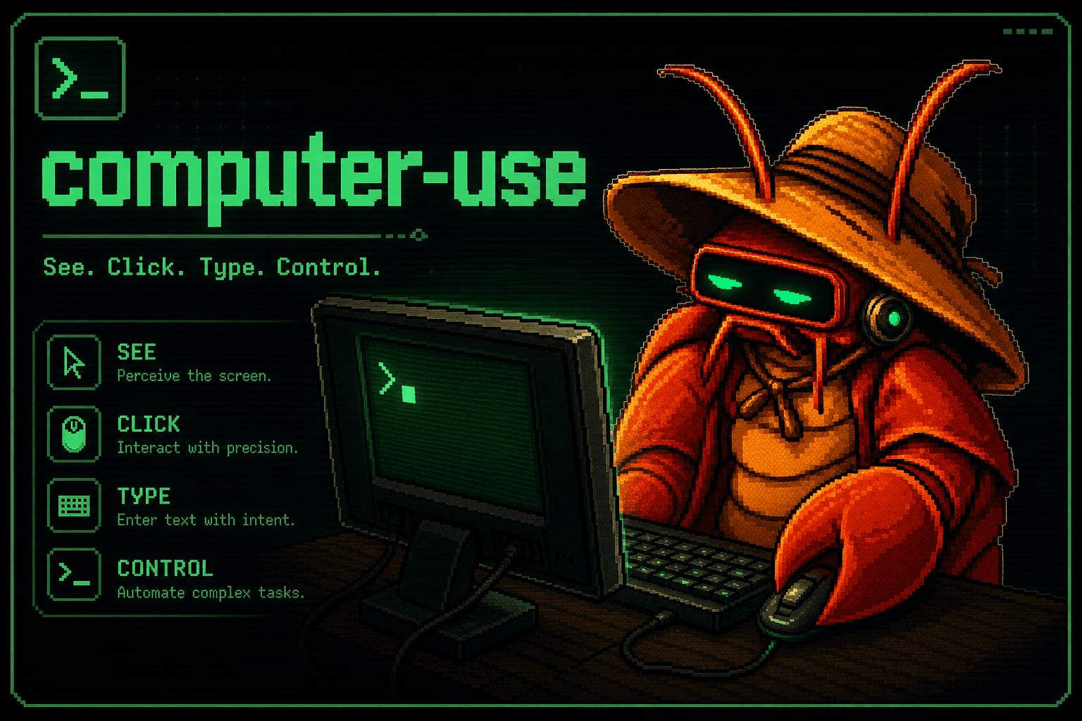 데스크톱 제어 computer use를 나타내는 Gajae-Code 오퍼레이터 마스코트